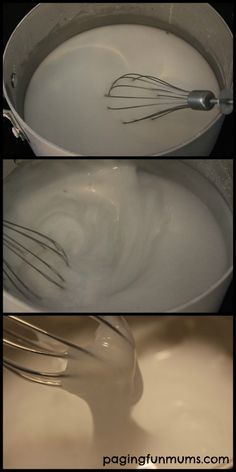 there are two pictures of whisk being stirred in a pot with water and milk