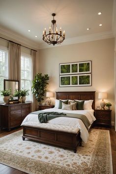 a bedroom with a bed, dressers and a chandelier hanging from the ceiling