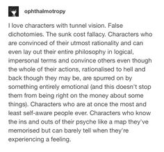 the text is written in black and white on a piece of paper that reads,'i love characters with tunnel vision false dich