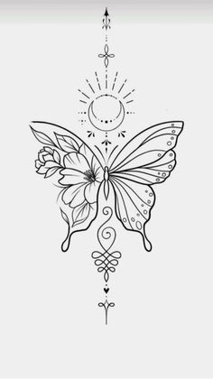 a black and white drawing of a butterfly with an ornate design on it's wings