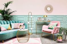 a living room with pink and blue furniture