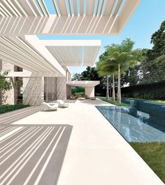 an artist's rendering of a modern house with pool and lounge chairs in the foreground