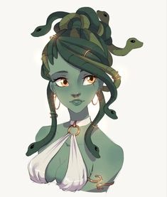 a drawing of a woman with snakes on her head and green hair, wearing a white dress