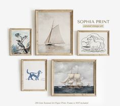 four framed pictures with animals and ships on them