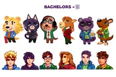 an image of some cartoon characters that are different colors and sizes, with the words bachelors on them