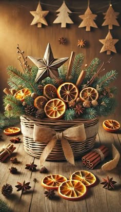 a basket filled with orange slices and cinnamons on top of a wooden table next to christmas decorations