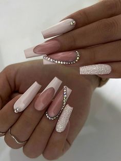 Ballet Nails, Nagel Tips, Manicure Tips, Gel Nail Kit, Coffin Press On Nails, White Nail, Valentine's Day Nails, Rhinestone Nails