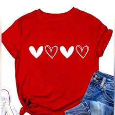 Size Xl And Large Available 65% Cotton 35% Polyester New In Package Cheap Customizable Tops For Valentine's Day, Shirts Women Fashion, Red Tshirt, White Heart, Heart Print, Free Clothes, Tshirt Colors, Neck T Shirt, Short Sleeves Tops