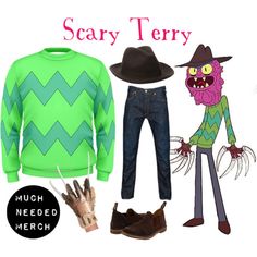 an image of a cartoon character outfit with text that reads scary terriy much needed merch