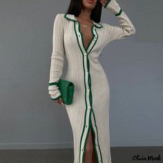 Olivia Mark - Tailored Collar Spliced Long Sleeve Cardigan Fashion Dress Fitted Color Block Winter Dress, Fitted Color Block Dress For Winter, Casual Long Sleeve Dress With Contrast Color, Long Cardigan And Dress, Robes Glamour, Robes D'occasion, Straight Clothes, Maxi Cardigan, Elegant Party Dresses