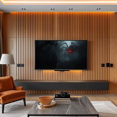 a living room with a large television mounted on the wall