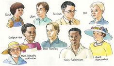 a drawing of people with hats and names on their heads, all in different colors