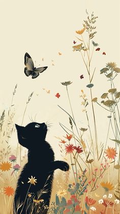 a black cat standing on its hind legs looking at a butterfly in the sky above it