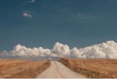 a dirt road in the middle of a wheat field with fluffy clouds above it on a sunny day