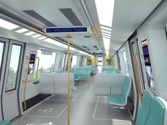 the interior of a subway train with blue and white seats, windows and signs on it