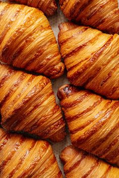 several croissants are lined up on a sheet of wax paper and ready to be eaten