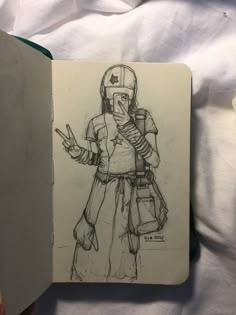 a drawing of a person holding a cell phone in one hand and wearing a helmet on the other