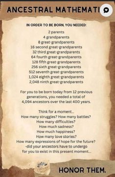 an old parchment paper with the words,'how many great grandparents are there? '