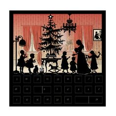 the silhouettes of people in front of a christmas tree are shown on an old - fashioned calendar