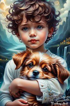 a painting of a little boy holding a small dog in his arms and looking at the camera