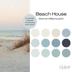 the beach house is painted in shades of blue, gray and white