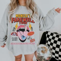 ✺  CUSTOM FAREWELL TOUR BACHELORETTE SWEATSHIRT CREWNECK ✺  Priority Shipping available upon request. It's an amazing super comfy and soft sweatshirt, perfect for cold autumn days, and what makes it even better, it looks amazing on photos ! I am obsessed with this design and you will be as well <3 * Q U I C K F A C T S * This design is a unique illustration that has been created in house. ✺ 50% Cotton 50% Polyester ✺ Medium-heavy fabric (8.0 oz/yd² (271.25 g/m ✺ Sizing is unisex so runs like men Band Merch Tops For Fall Concerts, Retro Fall Concert T-shirt, Retro T-shirt For Fall Concert, Retro Fall Concert Tops, Retro Fall Tops For Concert, Retro Tops For Fall Concerts, Retro Graphic Print Sweatshirt For Concerts, Retro Crew Neck Sweatshirt For Concerts