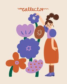 a woman standing next to flowers with the word rallector written above her head