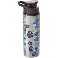 thermos flask cup is decorated with blue flowers and black lid, on a white background