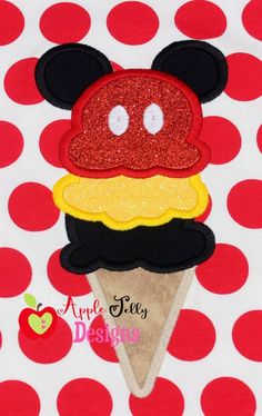 mickey mouse ice cream cone applique on white and red polka dot fabric with black ears