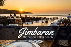 an outdoor dining area with tables and chairs overlooking the ocean at sunset, with text overlay that reads ginbarn dinner on a bail beach