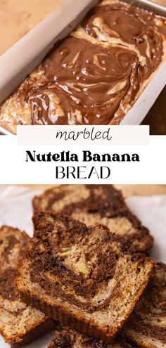 sliced nutella banana bread in a pan with chocolate frosting on top and text overlay