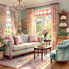 a living room filled with furniture and flowers