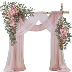 an arch decorated with pink flowers and greenery