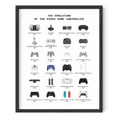 the evolution of the video game controller poster is shown in black framed frame on white wall