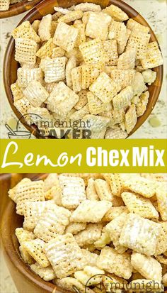 the ingredients for lemon chex mix in a wooden bowl and on top of each other