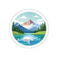 an image of a mountain lake with trees and clouds in the background on a round sticker