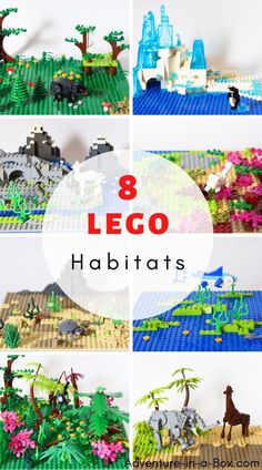 eight lego habitats are shown with text overlay that reads, 8 lego habitats