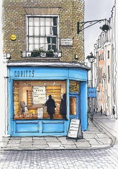 a drawing of a store front with two people in the window