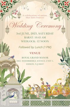 an ornate wedding ceremony card with birds and flowers