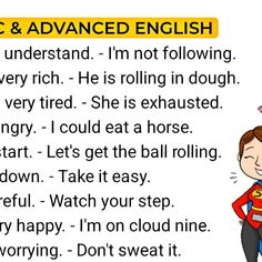 an image of a cartoon character with the words, basic and advanced english in front of it