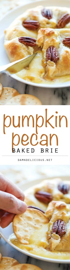 the cover of pumpkin pecan baked brie on a white plate with a fork in it