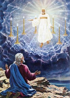 an image of jesus in the sky with his hands out and four candles on each side