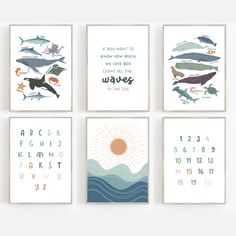 four posters with different animals and numbers on them, each featuring an animal's name