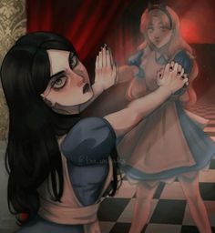 an animated image of a woman holding onto another woman's hand while standing on a checkered floor