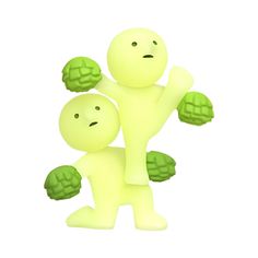 two small figures are holding up some green vegetables in their hands and looking at each other