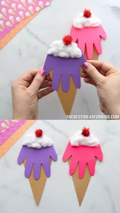 someone is making ice cream cones out of construction paper and then they are decorated with pom - poms