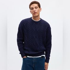 Brand New With Tags Cable Knit Sweater From The Gap. Color Is Navy Uniform. Size Is Large. Straight Silhouette With A Relaxed Fit. Hits At The Hip. Fall Family Pics, Mens Inspo, Gym Outfit Men, Book Board, Denim Jean Skirt, Winter Photos, Long Sleeve And Shorts, Gap Sweater, Cool Outfits For Men