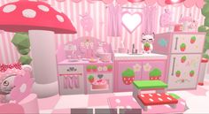 an animated image of a pink and white room with lots of stuff on the floor