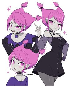 three cartoon girls with pink hair and black clothes, one is pointing at the camera