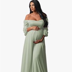 Long Sleeve Chiffon Plus Size Maternity Dress Green Maternity Gown, Sage Maternity Dress, Plus Size Pregnancy Fashion, Sage Green Maternity Dress, Plus Size Maternity Dress, Green Maternity Dresses, Pink Sparkly Dress, Pregnant Outfits, Blue Tulle Dress